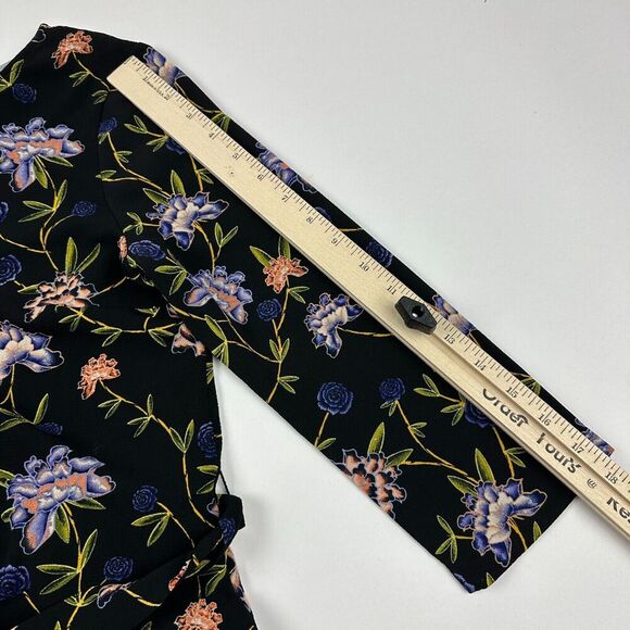 H&M Black Floral Sheath Dress Belt Tie Waist Keyhole Back High Neck Sz 4 Career - Picture 12 of 14